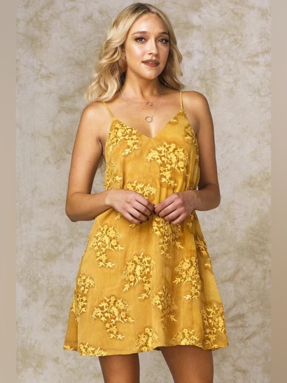 Selfie Leslie Brody Floral Lace Mini Dress Mango Yellow